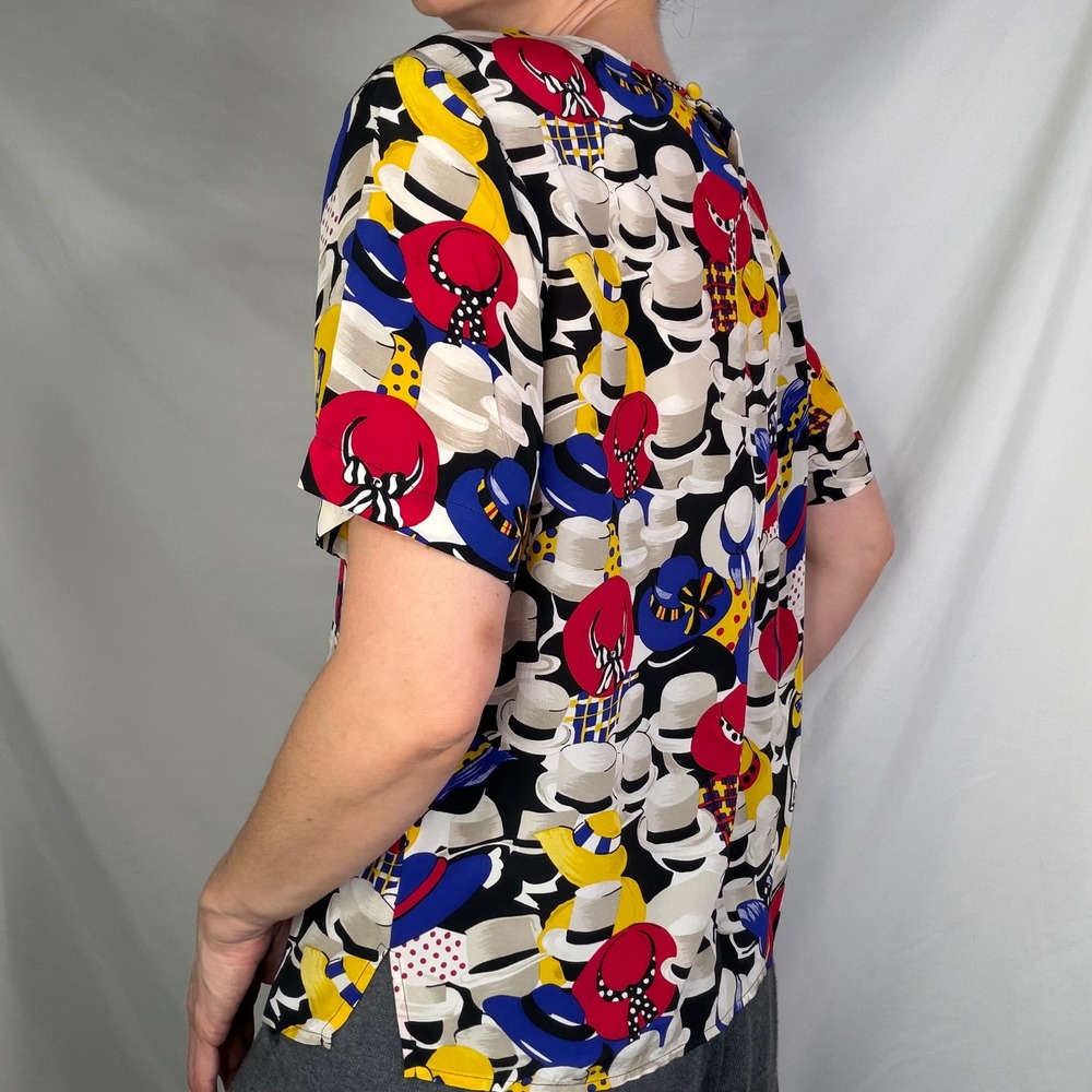 Vintage 100% silk hat print blouse Allison Taylor 80s 90s derby short sleeve S - Picture 3 of 14